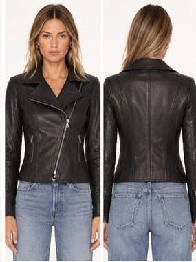 Schyia Black lamb Leather Moto Jacket US 4 Fitted Asymmetrical Zip biker